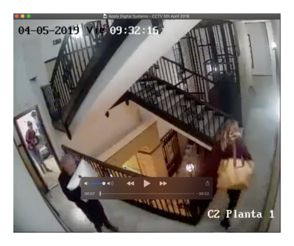CCTV footage of the robbery of Apply office by the Bravo studio team. Image shows Toby Oliver and Marta Serrano