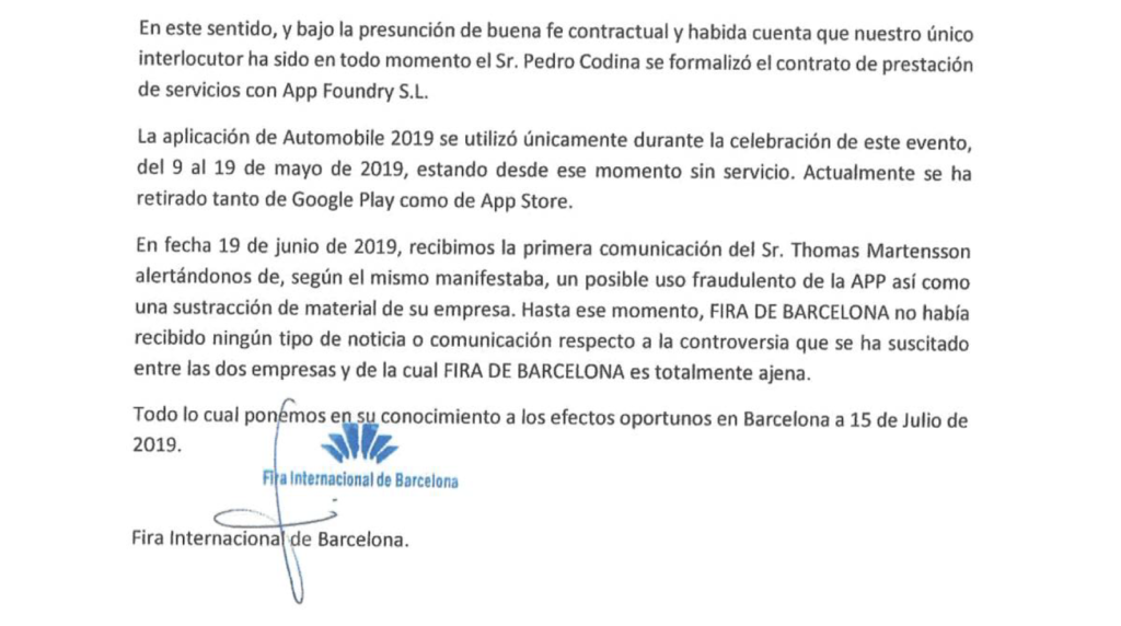 Carta de Fira de Barcelona para Apply confirmando que Pedro Codina (App Foundry S. L) había manipulado a empresa para que firmara un nuevo contrato utilizando métodos fraudulentos