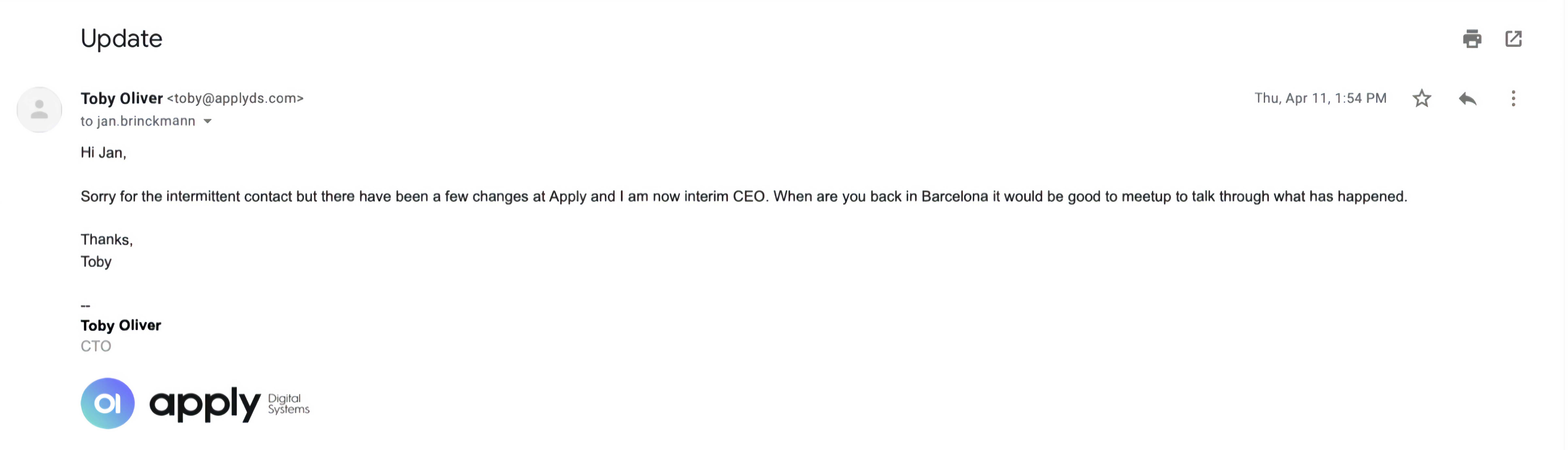 Email screenshot showing proof of Toby Oliver claiming to be Apply new CEO